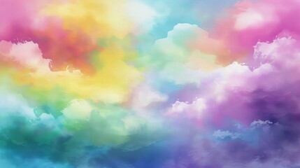 Colorful watercolor background of abstract sunset sky with puffy clouds in bright rainbow colors of pink, green, blue, yellow, and purple