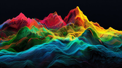 a digital mountain range with vibrant, neon-like colors--ranging from green and yellow to red and blue. The peaks and valleys create an otherworldly effect against the black background