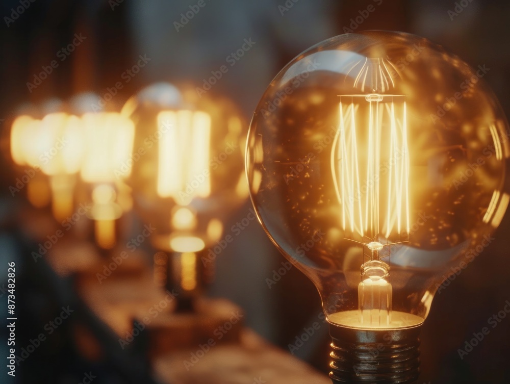 Poster a row of light bulbs with a yellow glow. the bulbs are all different sizes and are arranged in a lin