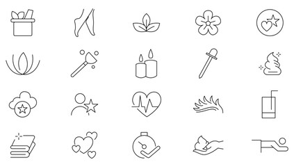 Wellness and beauty line icon set. Cosmetics services, spa treatments, skin care, massage, hyaluronic acid, serum, pore tighten, cosmetology line icon collection. UI thin outline icons pa