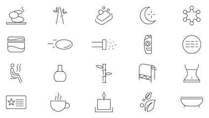 Wellness and beauty line icon set. Cosmetics services, spa treatments, skin care, massage, hyaluronic acid, serum, pore tighten, cosmetology line icon collection. UI thin outline icons pa