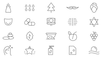 Wellness and beauty line icon set. Cosmetics services, spa treatments, skin care, massage, hyaluronic acid, serum, pore tighten, cosmetology line icon collection. UI thin outline icons pa