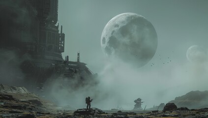 Fototapeta premium A Solitary Figure in a Foggy, Alien Landscape