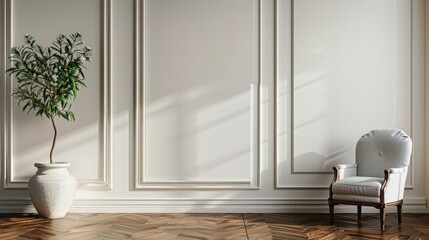 Classic white wall with brown parquet flooring and a detail of home furniture.

