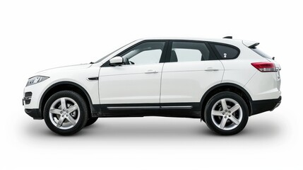 Obraz premium A white SUV car showcased from the side, isolated on a white background with a clipping path.