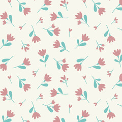 Seamless pattern with small flower branches on a  field. Rustic ditsy print, gentle floral background with hand drawn flowers, leaves on branches. Vector illustration. 