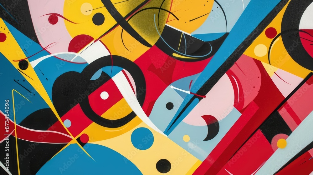 Poster artwork with vibrant abstract shapes and circles in red, yellow, and blue, creating a dynamic and co
