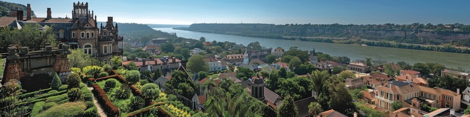 Fototapeta premium Aerial Panorama of Vibrant Historical Town with Majestic River Views and Lush Greenery on a Clear Sunny Day in Europe