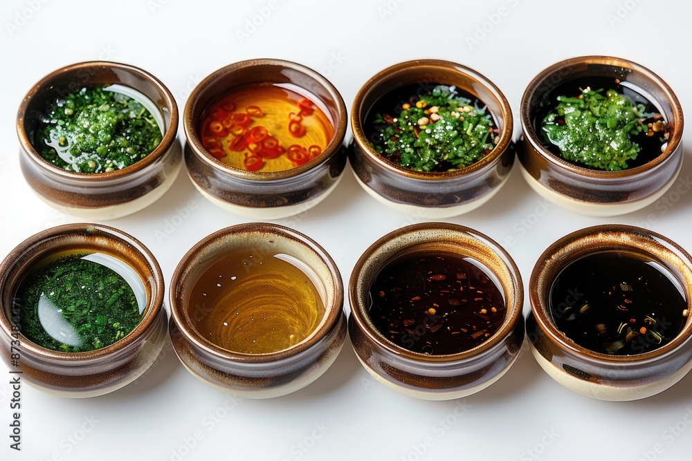 Poster a row of bowls with different sauces, including one with green sauce. the bowls are arranged in a ne