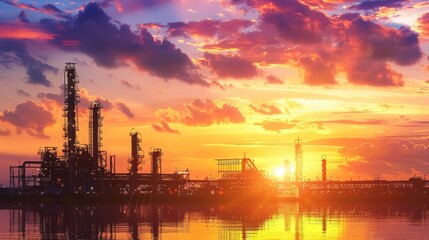 Obraz premium Industrial Refinery Silhouette at Sunset - Large-Scale Industry, Vivid Sky, Complex Beauty
