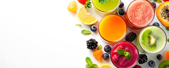 Assortment of fruit, vegetable, and berry juices presented against a white background. Fresh fruit juices in glasses with straws, positioned on a wooden table outdoors