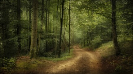Obraz premium Forest Path Leading Through a Lush Green Canopy