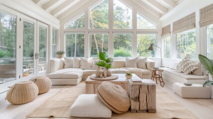 Fototapeta premium A bright and airy sunroom with a Scandinavian-inspired design, featuring plenty of natural light and a neutral color palette with pops of greenery