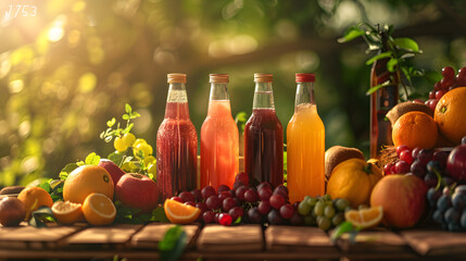 Juice bottle and a glass filled with assorted fruits.
