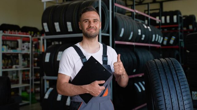 Experienced seller near new tires in auto parts store
