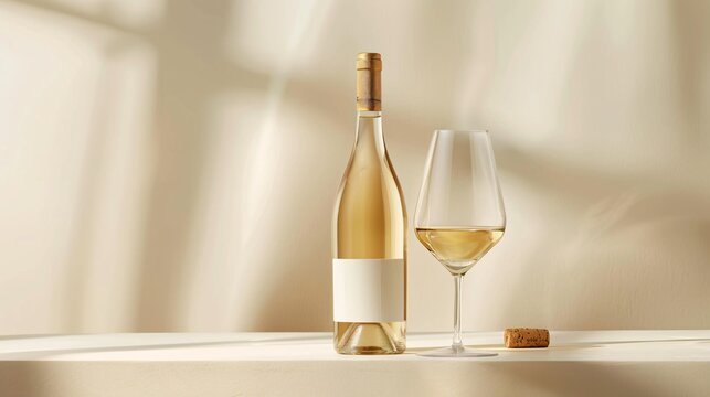 Wine bottle and glass of white wine on table with cork