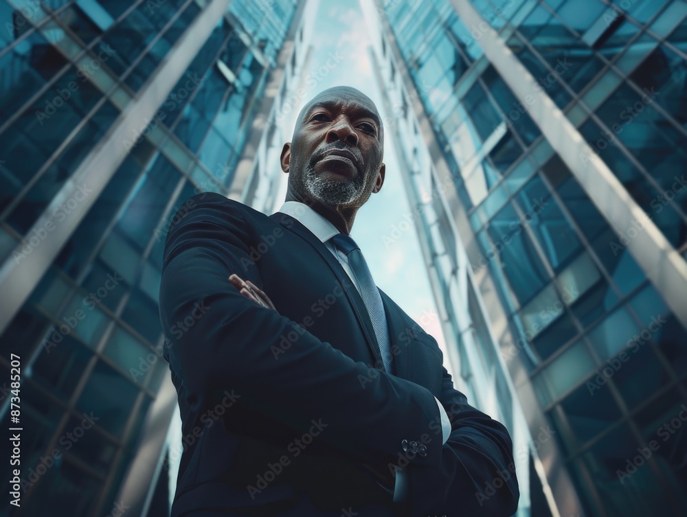 Poster a man in a suit and tie stands in front of a tall building. he is looking up at the sky and he is in