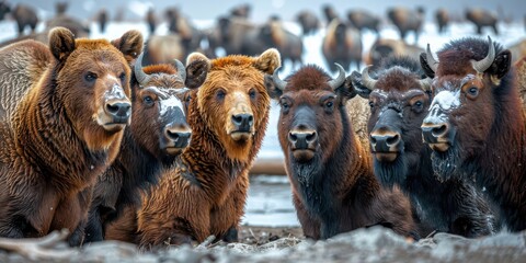 Close-Up of Bison Herd in Snowy Habitat: Detailed View of Majestic Wild Bison in Group Facing Forward During Winter Season