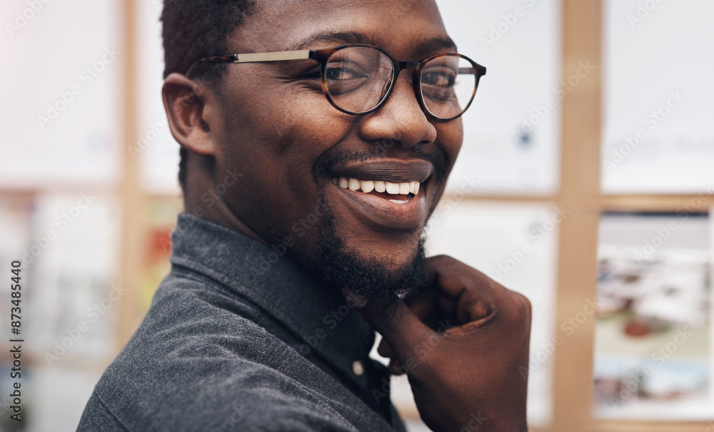 Poster happy, glasses and portrait of black man in office with positive attitude for career at architecture