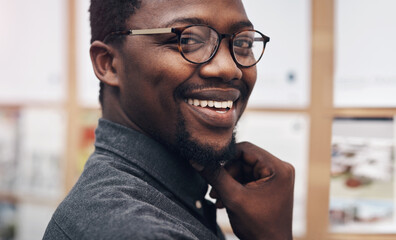 Happy, glasses and portrait of black man in office with positive attitude for career at architecture startup. Smile, pride and professional architect with design engineering project in workplace.