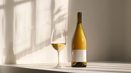 Bottle of White Wine with Glass on Sunlit Table