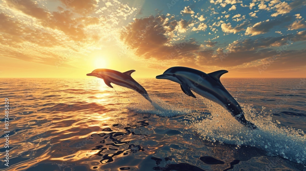 Poster two dolphins are jumping out of the water in the ocean. the sun is setting in the background, creati