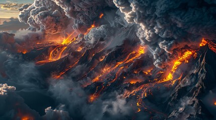 Cinematic portrayal of a volcano eruption, with a focus on the bright lava and dynamic ash clouds.
