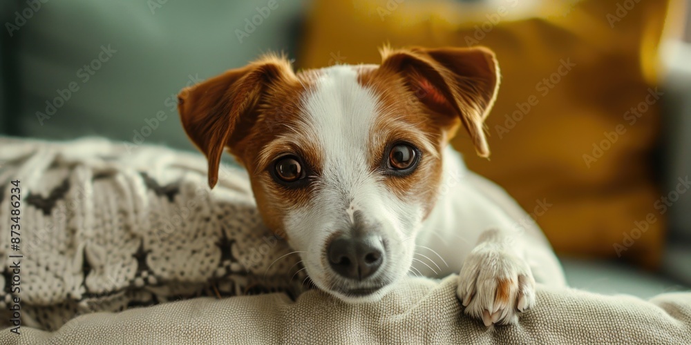 Poster a dog is laying on a couch with a blanket on it. the dog is looking at the camera with its eyes wide
