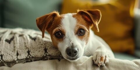 A dog is laying on a couch with a blanket on it. The dog is looking at the camera with its eyes wide open