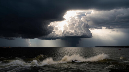 Obraz premium arafed boat in the ocean with a storm coming in