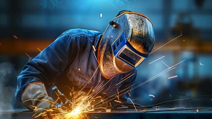 A seasoned welder in protective gear, including mask and gloves, with a welding torch casting bright sparks.