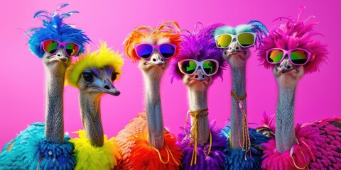 A group of colorful ostriches wearing sunglasses and colorful hats. The ostriches are standing in a row, with some of them wearing yellow hats and others wearing blue hats. Scene is fun and playful