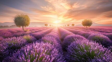 Obraz premium wonderful nature landscape amazing sunset scenery with blooming lavender flowers moody sky pastel colors on bright landscape view floral panoramic meadow nature in lines with trees and horizon