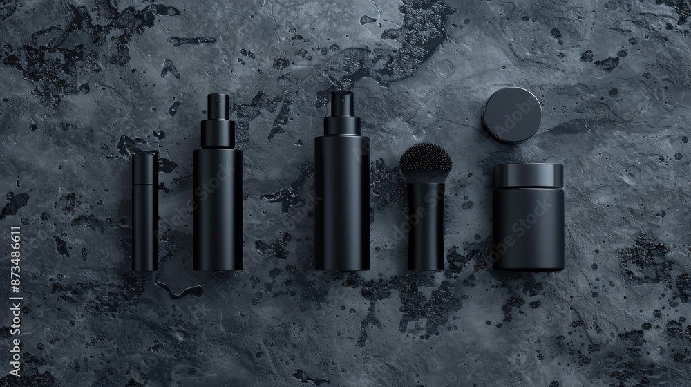 Poster a row of black bottles and containers on a grey surface. the bottles and containers are all black an