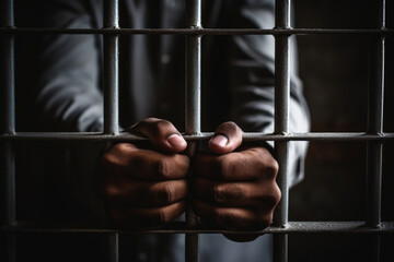 A man behind bars. Steel cage prison bars. The offender is imprisoned