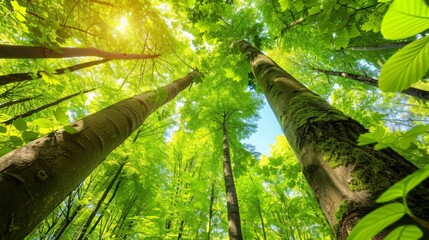 Fototapeta premium green deciduous treetops in bright sunlight panoramic view upwards in summer forest