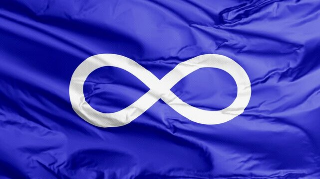 A waving Flag of the Metis a white infinity symbol on a field of either blue or red.