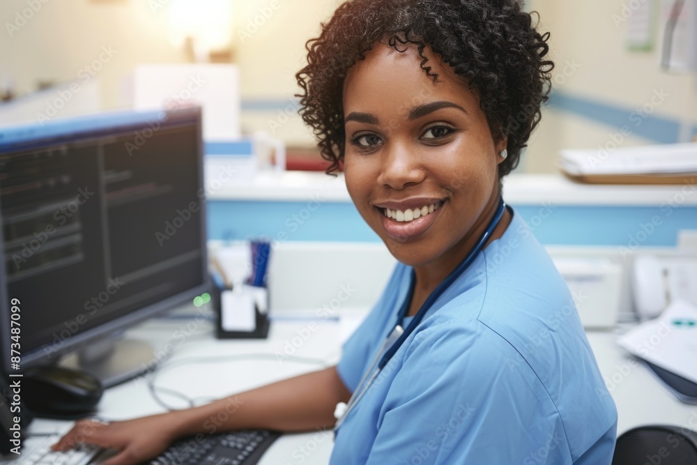 Aufkleber a woman in a blue scrubs is smiling at the camera while sitting at a desk with a computer and a keyb