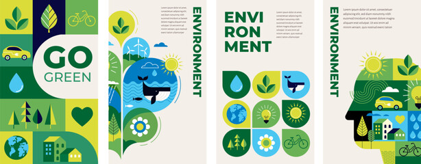 Environmental vertical concept design. Happy Earth Day, geometric modern trendy illustrations of ecology, environmental conservation, planet Earth, green and zero waste design. Backgrounds, cards
