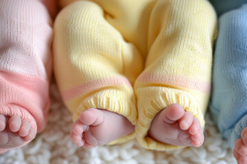 Close up of the tiny feet of newborn triplets resting together, capturing a heartwarming and tender moment. The soft and delicate nature of baby skin is highlighted
