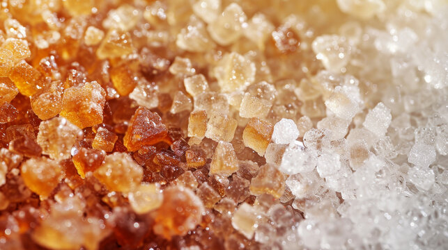 Each type of sugar is neatly organized side by side, creating a contrast in color and texture. This setup could be ideal for culinary illustrations, food photography, or educational content about suga