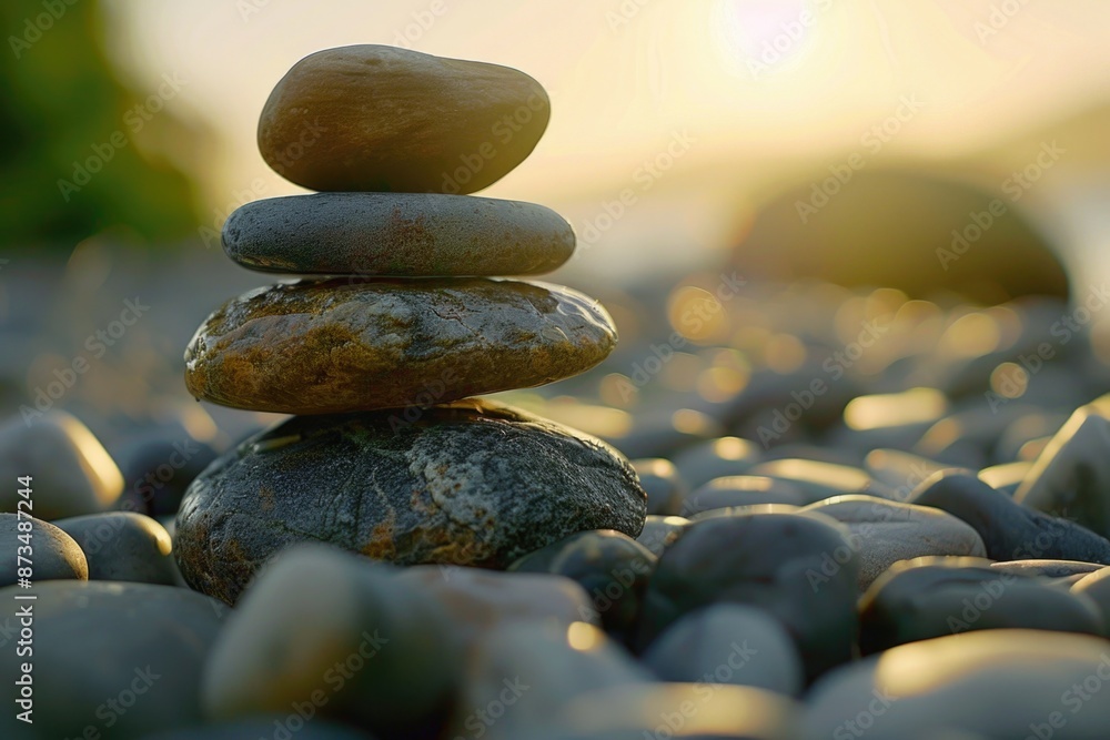 Poster a stack of rocks on a beach. the rocks are of different sizes and are arranged in a pyramid shape. t