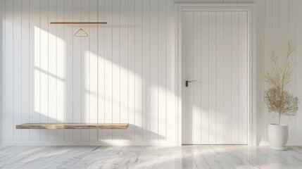 Design of a small bright room with white walls closed door and fluted wardrobe with wooden plank and hanger above cabinet