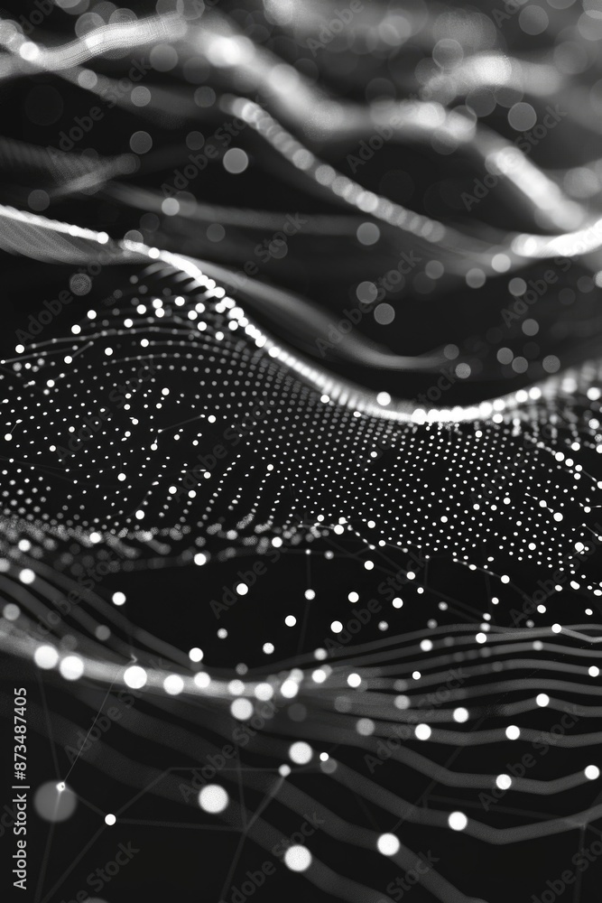 Poster a black and white image of a wave with many dots. the image is abstract and has a futuristic feel to