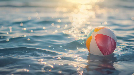 a colorful beach ball floating on the surface of calm water, likely in a pool. Sunlight creates a lens flare effect, suggesting it’s either late afternoon or early morning