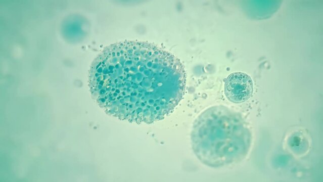 Single celled Organism Dies. Death of a microscopic paramecium. The content of the cell spilling out.