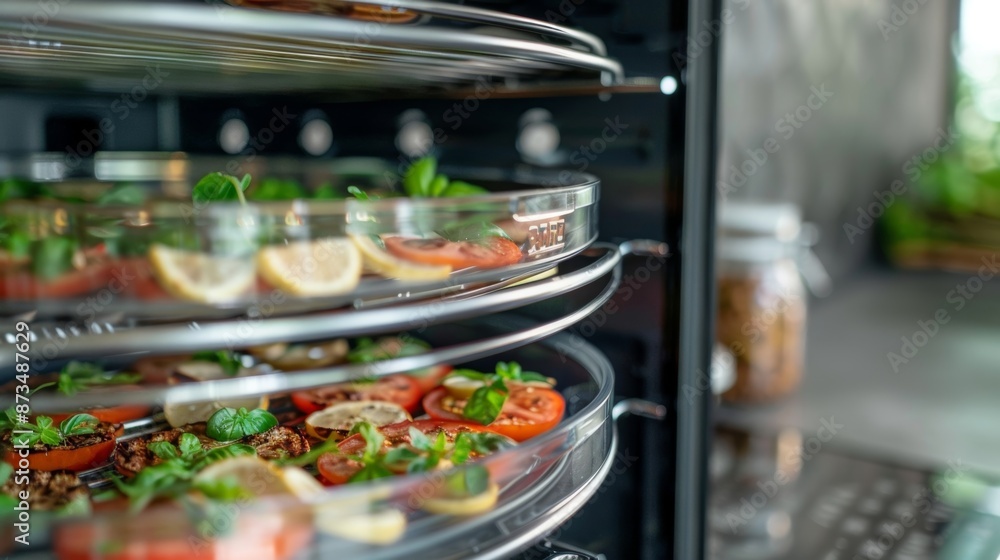 Poster closeup of the compact and stackable design of a food dehydrator perfect for saving space on kitchen