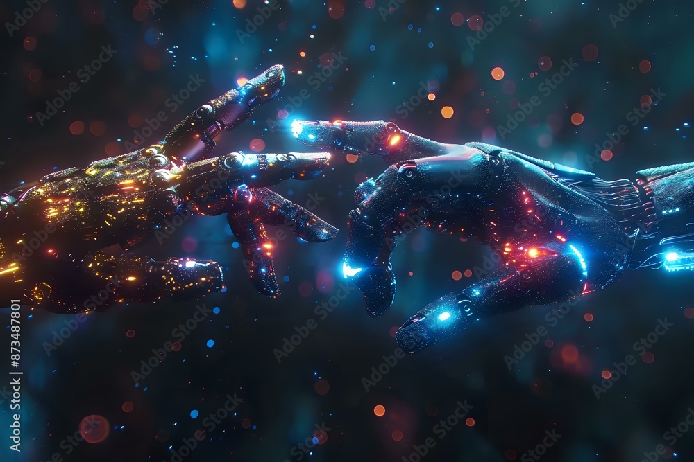 Poster abstract depiction of two robotic hands reaching out to each other, illuminated with vibrant glowing