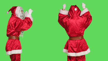 Saint nick musician conducting orchestra, choirmaster in costume accompany choir notes over...