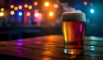 Glass of beer on a wooden table with colorful lights